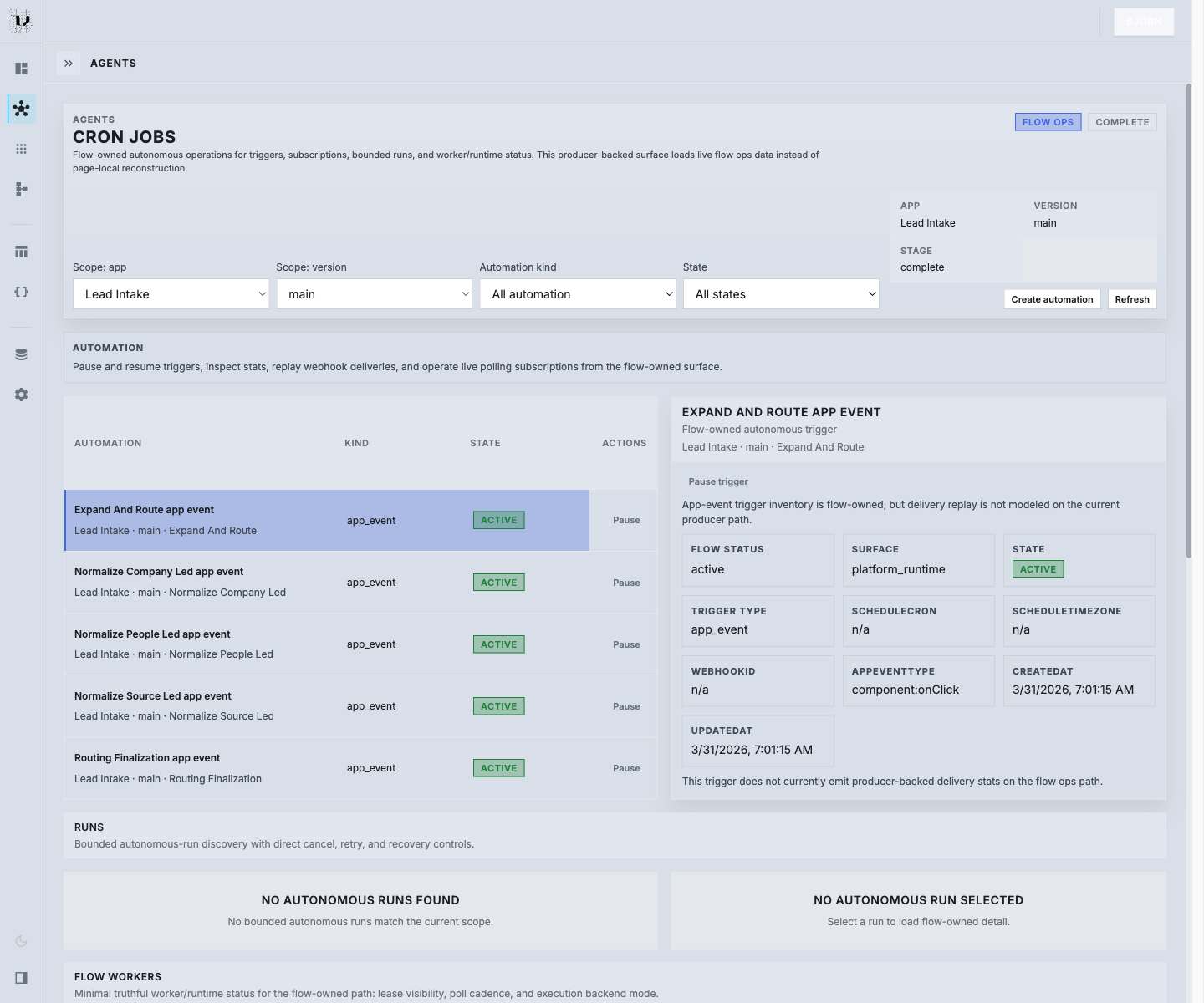 Agent Orchestration cron jobs view with automations, runs, workers, and flow-owned scheduling state.