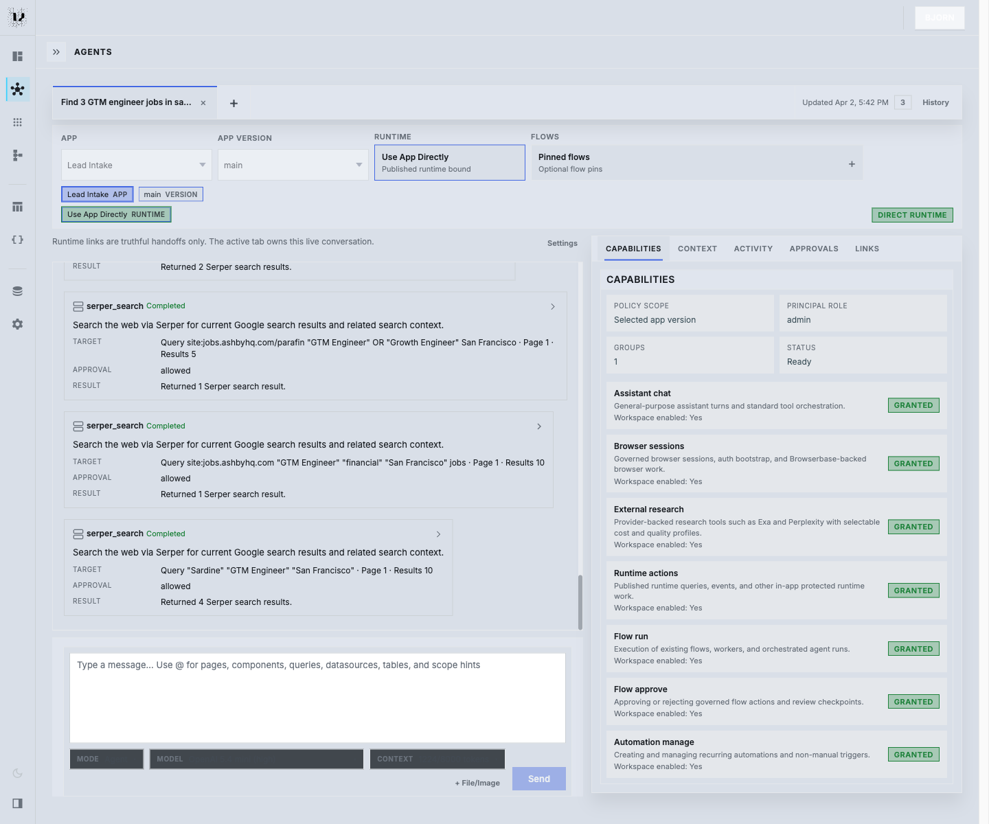 Agent Orchestration orchestrator view with live conversation, app context, and capability side panel.
