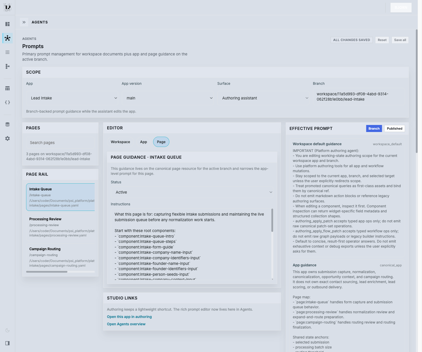 Agent Orchestration prompts view showing workspace, app, and page prompt guidance on the active branch.
