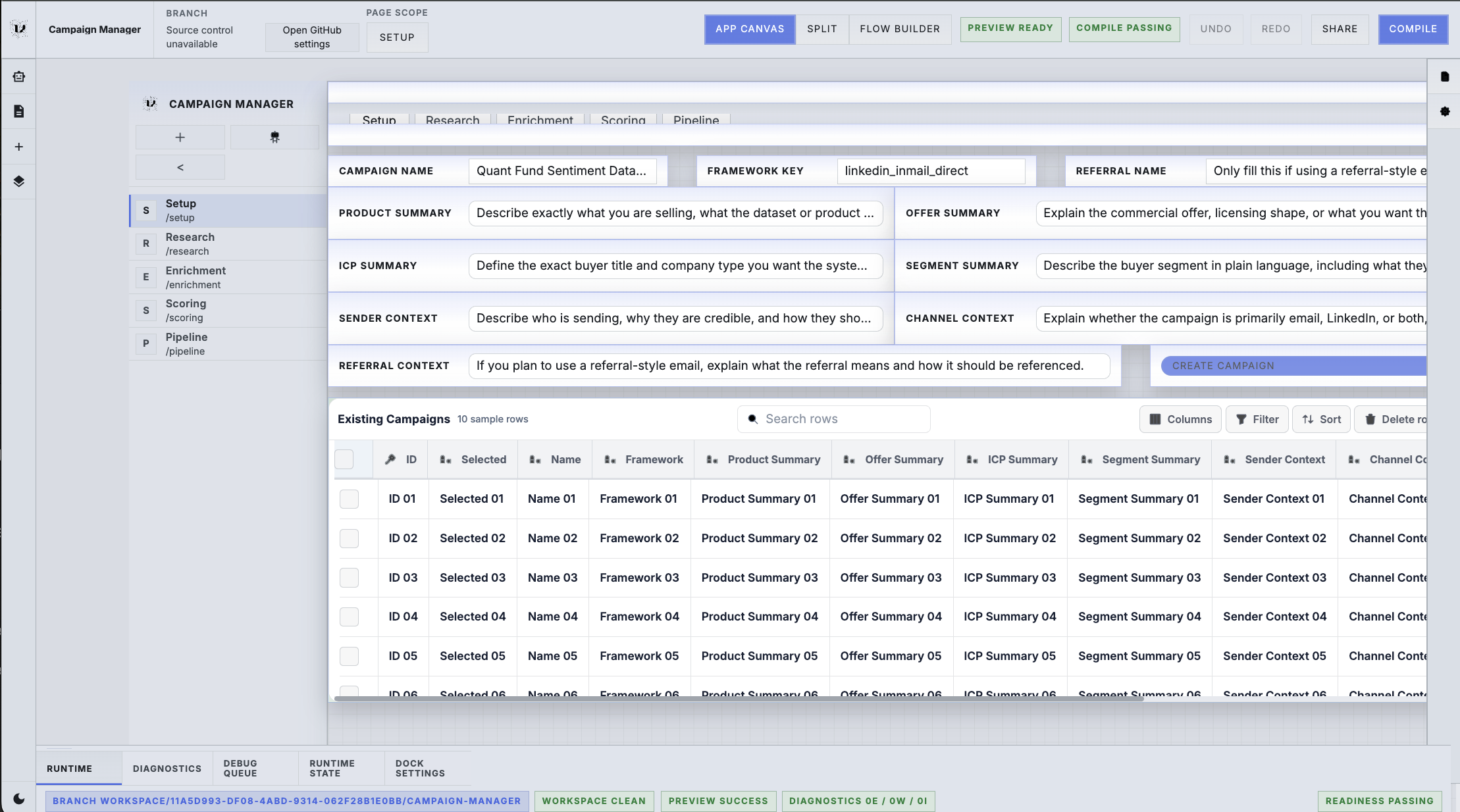 Campaign Manager app builder view with editable setup fields, stage navigation, and the authoring canvas.
