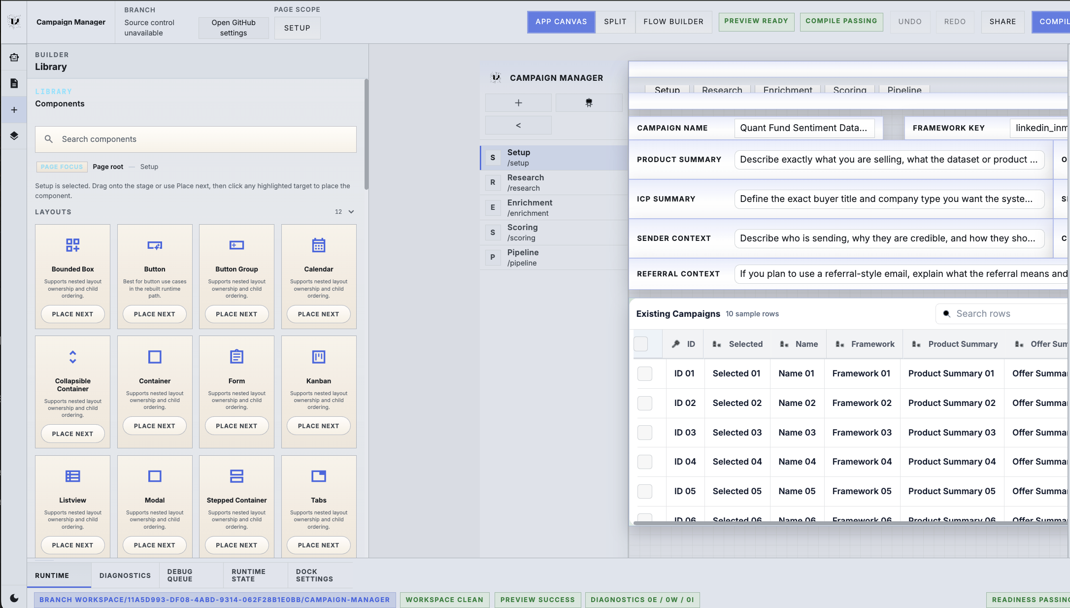 Builder component library showing reusable UI blocks beside the Campaign Manager authoring canvas.