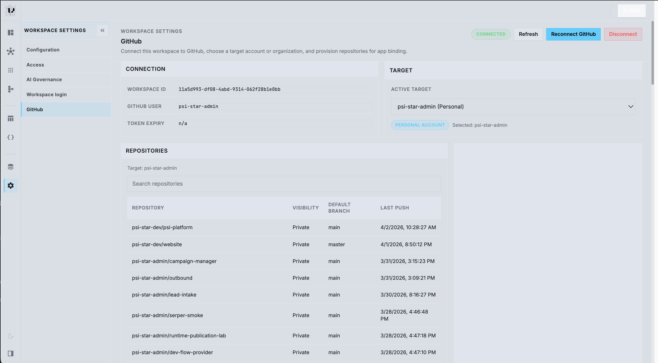 Workspace GitHub settings showing repository connection, target selection, and branch-aware publishing setup.