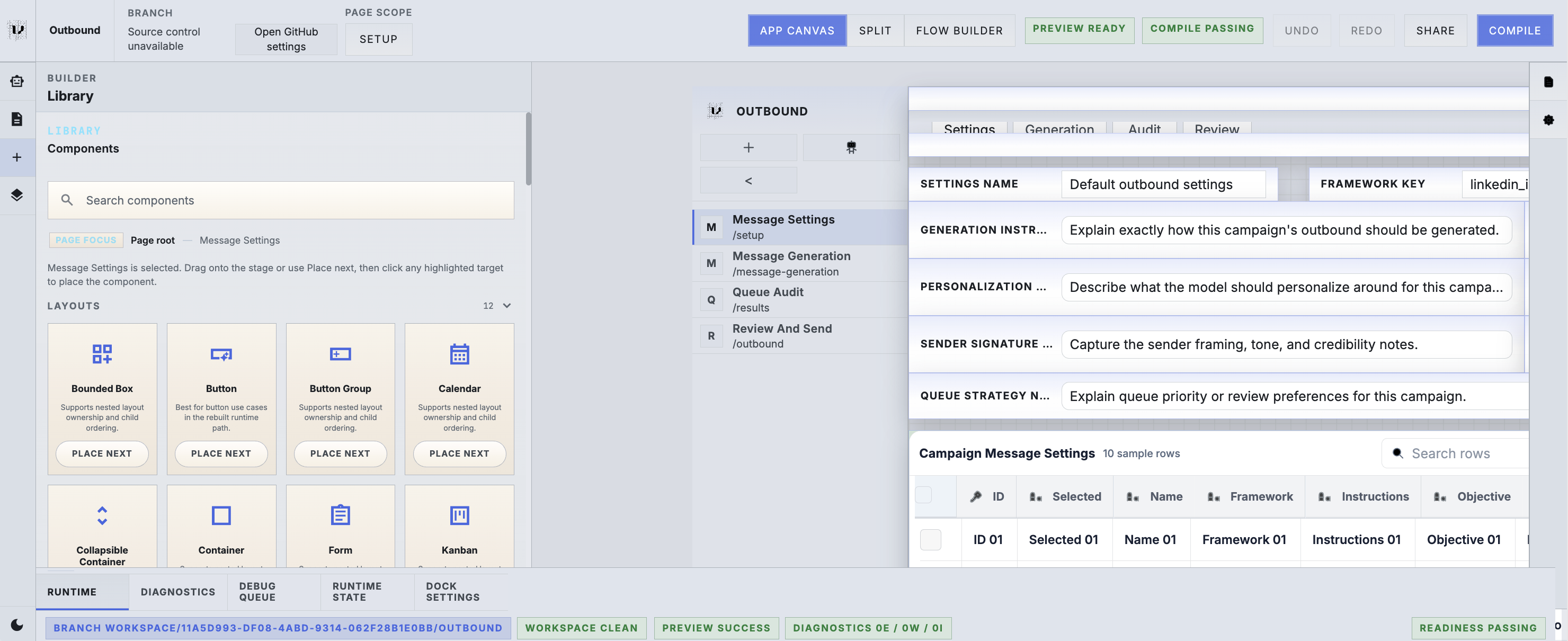 Outbound app builder view showing the component library, staged navigation, and an editable GTM configuration screen.