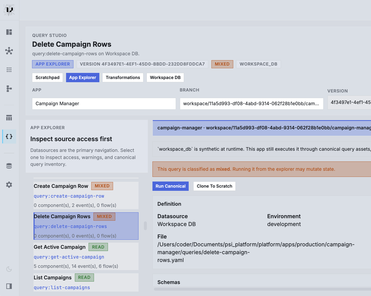 Query Studio explorer showing canonical query definitions, mixed query warnings, and workspace database context.