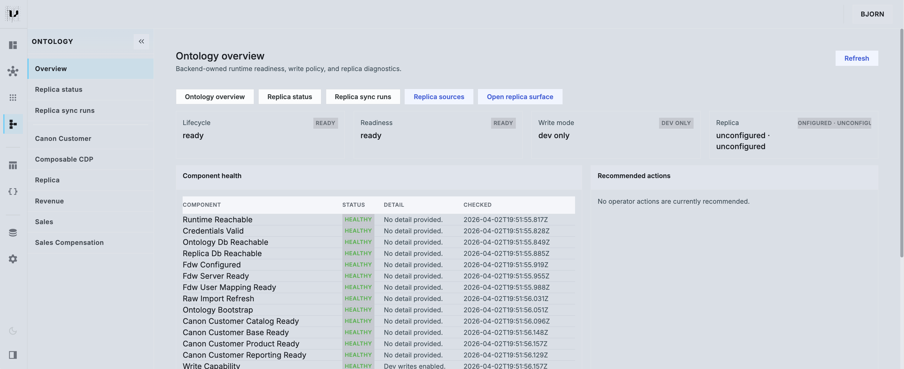 Ontology overview showing readiness, replica status, recommended actions, and component health inside the customer ontology.